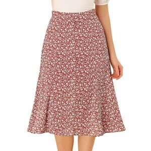 Women Floral Midi Skirt Peasant Elastic Waist A-Line Ditsy Leave Print Red White